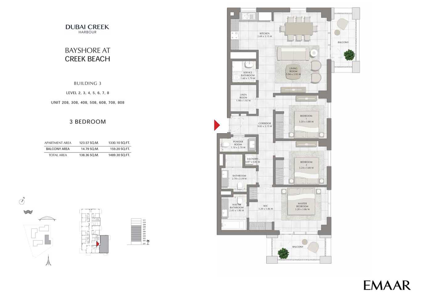 Building 3 - 3 Bedroom Level 2 to 8 Unit 208-308-408-508-608-708-808, Size 1489 sq ft